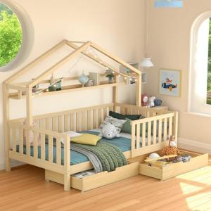 Cama Infantil en Forma de Casa con Cajones, Hecha de Madera…