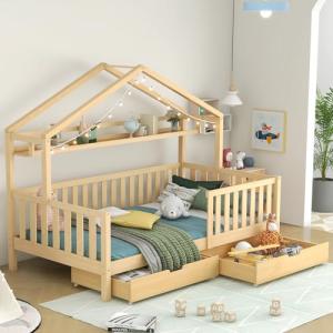Moimhear Cama infantil en color madera, 90 x 200 cm, con ca…