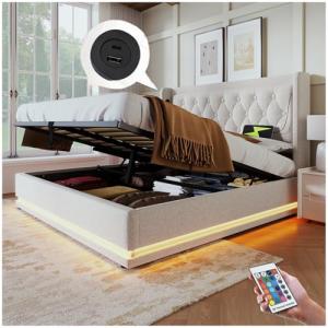 Racxily Cama de matrimonio con LED y función de carga USB &…