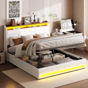Cama de matrimonio con canapé, 140 x 200 cm con LED, cama a…