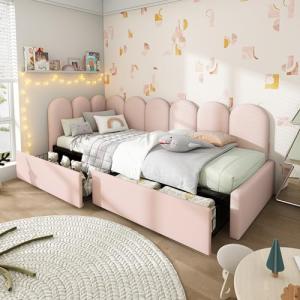Moimhear Cama tapizada para cama individual con cajones, ca…