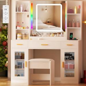 ANWBROAD Tocador de Maquillaje Grande con Luz y Taburete Me…