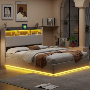 Cama Doble tapizada con led, Cama de 140 x 200 cm con somie…