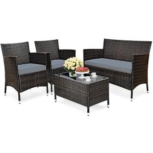 KOMFOTTEU Juego de 4 Muebles de Jardín, Mesa de Ratán con T…