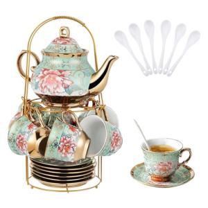 Juego de té con tetera y platillo, soporte para tazas, 20 p…