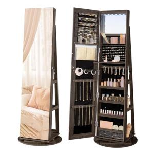 SONGMICS Espejo Joyero con 6 LEDs, Armario de Joyas de Giro…