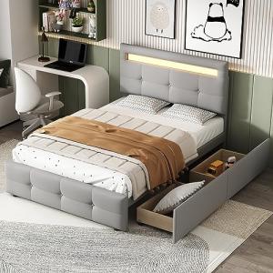 BENMWS Cama tapizada, con luces LED, 2 cajones, acolchado d…
