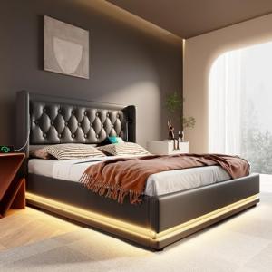 Moimhear Cama tapizada, material PU negro, cama de almacena…