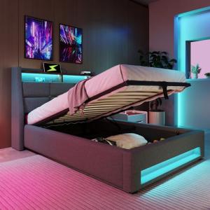 Huayz Cama tapizada de 90 x 200 cm, cama individual LED con…