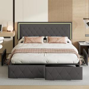 YGHQAP Cama acolchada de matrimonio con 4 cajones y LED, es…