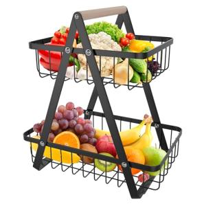 SUBTLETY Cesta de frutas de metal de 2 pisos con asa de mad…