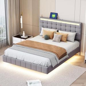 BENMWS Cama tapizada, marco de cama flotante acolchado con…
