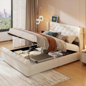 MOTUZP Cama doble acolchada 140 x 190 cm, LED, con espacio…