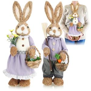 com-four® 2X Conejo de Pascua de Paja XL Hecho a Mano - Con…