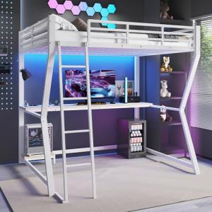Kebnor Cama alta, 140 x 200 cm, con luces LED, estante para…