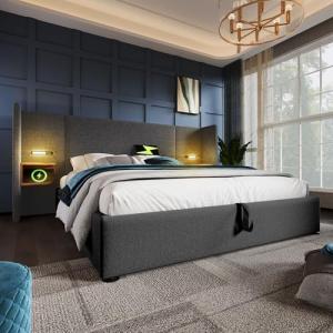 Cama doble tapizada de 180 x 200 cm, con mesita de noche, l…