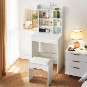 LEMROE Tocador blanco con espejo corredizo y taburete, mesa…