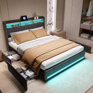 YNYHTER Cama de Matrimonio con Almacenamiento y led, Cama T…