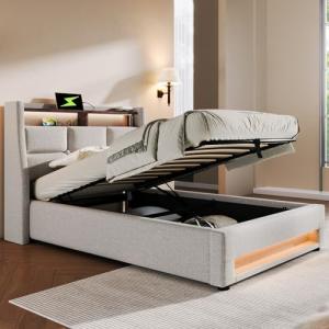 Cama de 90 x 200 con somier, luces LED y USB, con cabecera…