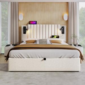 Moimhear Cama tapizada, cama doble, luz de lectura con func…