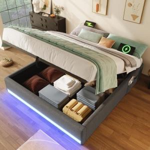 BENMWS Cama acolchada, 140 x 200 cm, tira LED con mando a d…
