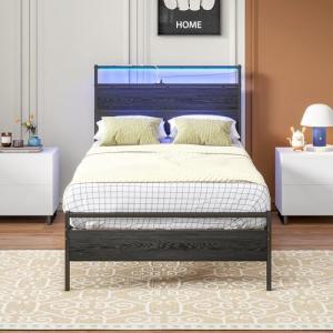HOJINLINERO Estructura de cama de 90 x 200 cm con iluminaci…