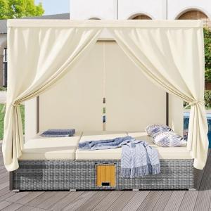 Tumbona de jardín con cortina de sombra, muebles de ratán,…