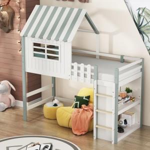 Zravenna Cuna, cama alta de 90 x 200 cm, con escalera, cama…
