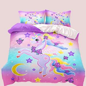 WWYX Juego de ropa de cama de unicornio rosa para niñas, 13…