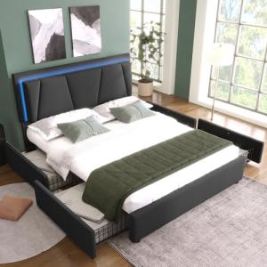 Moimhear Cama doble tapizada de 160 x 200 cm, con iluminaci…