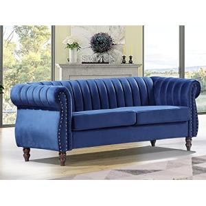 Vente-unique-Sofá Chesterfield de 3 plazas de Terciopelo Az…