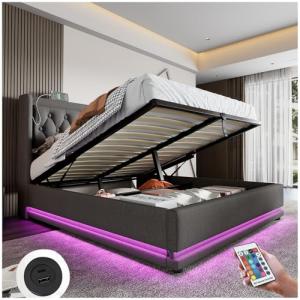 Racxily Cama de Matrimonio con LED y función de Carga USB &…