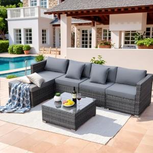 6PCS Conjunto Jardin Exterior de Ratán para 7 Personas, Mue…