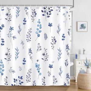 Bonhause Cortina de Ducha Azul Floral Hojas de Acuarela Pla…