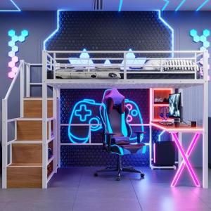 Moimhear Cama alta, luz ambiental teledirigible, escalera,…