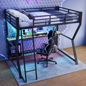 KecDuey Cama alta, 90 x 200 cm, cama de metal con luz ambie…