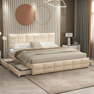 Cama tapizada de 180 x 200 cm, cama doble con 4 cajones, so…