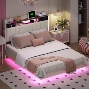Moimhear Cama acolchada de 140 x 200 cm con iluminación LED…