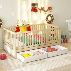 Kebnor Cama infantil de madera maciza con 2 cajones y somie…