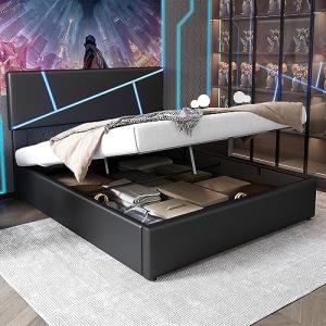 Moimhear Cómoda cama acolchada con tiras de luz LED, cama d…