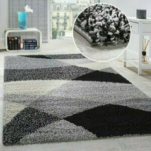 Alfombra Shaggy Pelo Alto Pelo Largo Estampada En Gris Negr…
