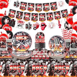 Decoraciones de fiesta de rock and roll, incluyendo pancart…