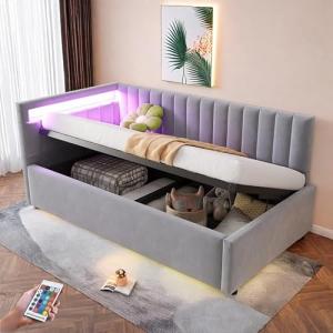 Sofá cama tapizado 90x200 con iluminación LED y almacenamie…
