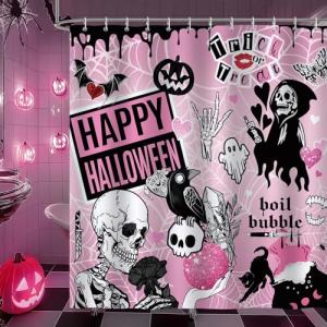 Bonhause Cortina de Ducha Halloween Esqueleto Fantasma Rosa…