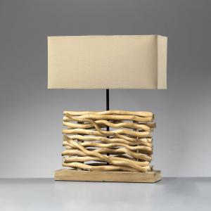 ONLI Lámpara de mesa Marica, pantalla de tela y madera, alt…