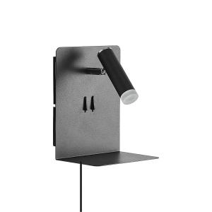 Lucande foco de pared LED Zavi, negro, enchufe, estante, USB