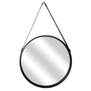 Espejo enmarcado redondo cuero negro 65 x 50 cm