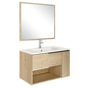 Mueble de baño con lavabo y espejo lunas roble 80x45 cm