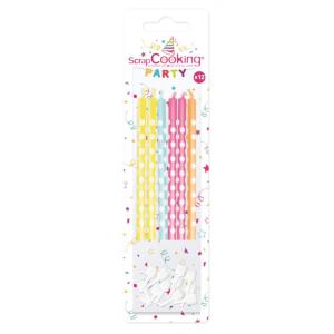 12 velas de colores con puntos blancos