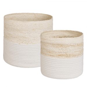 2 cestas de fibra y algodón blanco